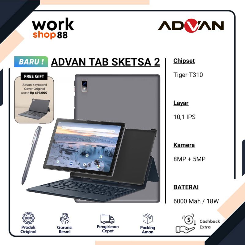 New Tab Advan Sketsa 2 4GB / 64GB [ Free Clip Cover Keyboard & Stylus Pen ] - Original Garansi Resmi