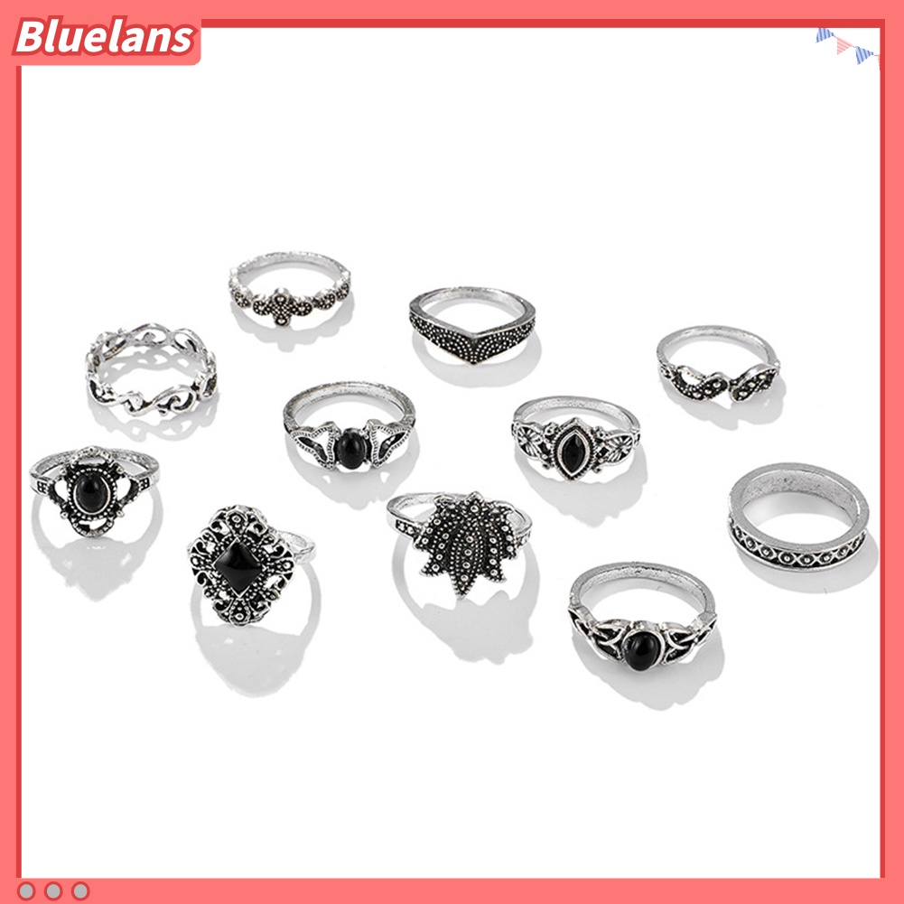 Bluelans 11Pcs / Set Cincin Motif Ukiran Bunga Teratai / Tetesan Air Aksen Hollow + Batu Permata Imitasi Untuk Wanita