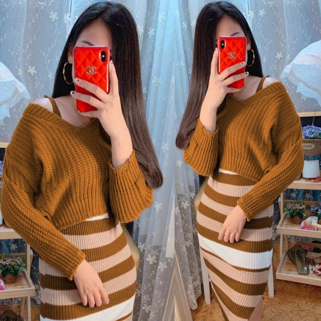 WSE390 - Set Rajut Yupi 2in1 Sweater Crop dan Dress / Set Cardigan Dress Rajut / Setelan Rajut IMPORT / PREMIUM QUALITY