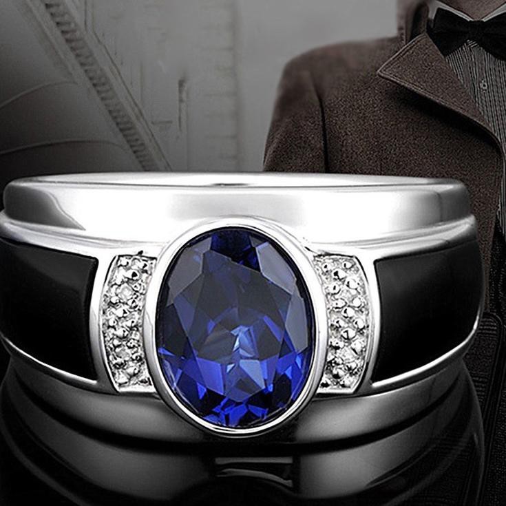 Promo Puas Cincin Pria Batu Blue Saphire Cubic Zirconia Akik Safir Biru Royal Warna Ring Perak List