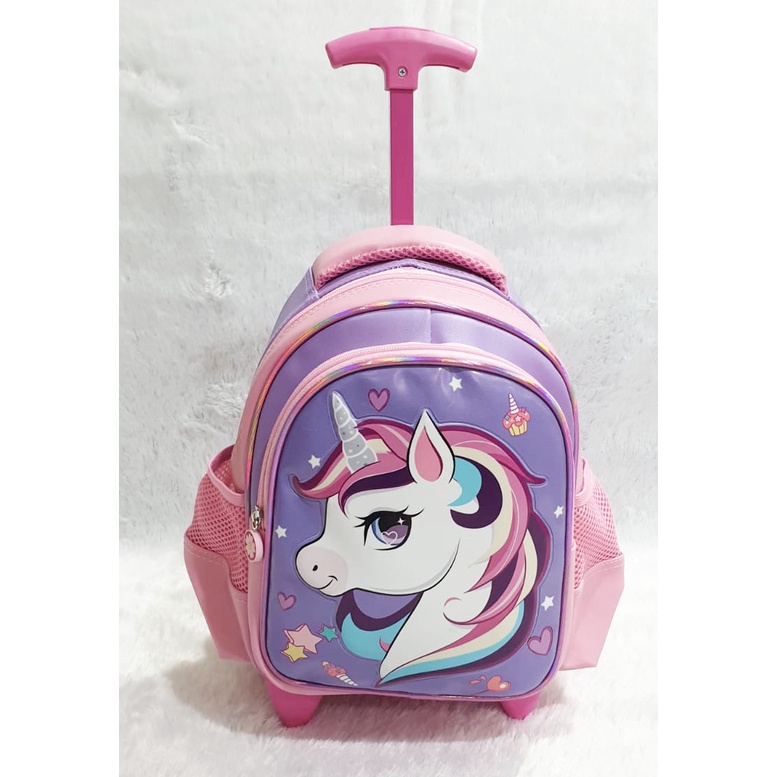 TAS DORONG TROLLEY ANAK PAUD / TK / PLAY GROUP PEREMPUAN GAMBAR KUDA PONY TANDUK SOFT TIMBUL BAHAN TAHAN AIR ( 11 - 12 inch  ) Pilihan Varian