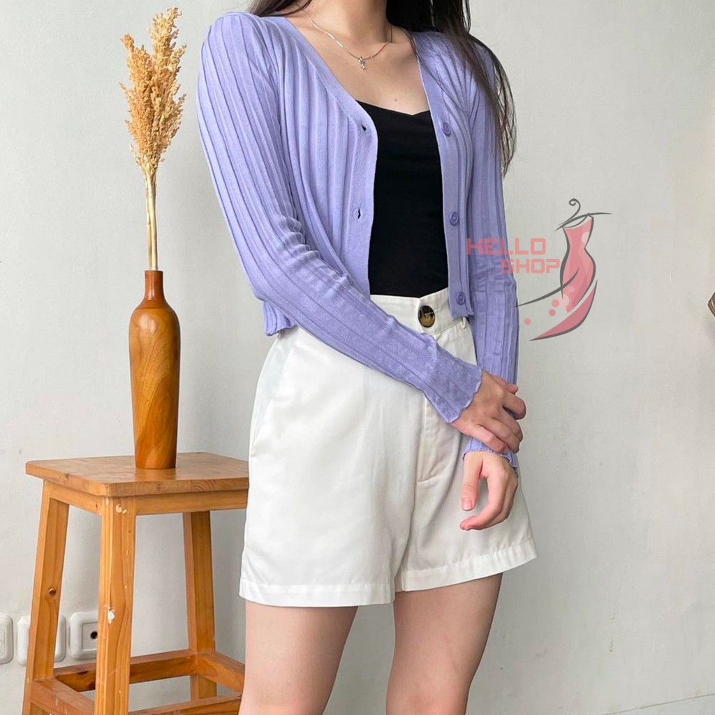 HELLOSHOP - ATASAN WANITA RAJUT CROP TOP CARDIGAN V-NECK SWEATER LENGAN PANJANG BAJU KOREA KEKINIAN