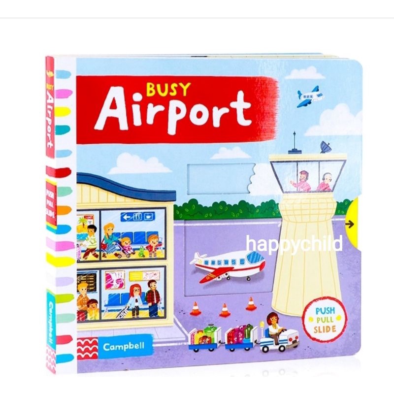 Original Busy airport board book push pull buku Campbell buku anak buku bacaan buku impor happychild