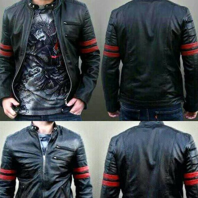 Jaket Semi Kulit Cowok Hitam Strip Merah