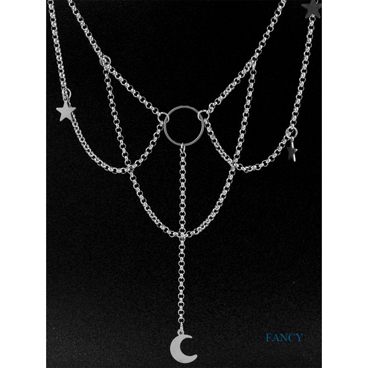 Kalung Choker Desain Bulan Bintang Lingkaran Warna Silver Gaya Gothic Punk Rock Untuk Wanita