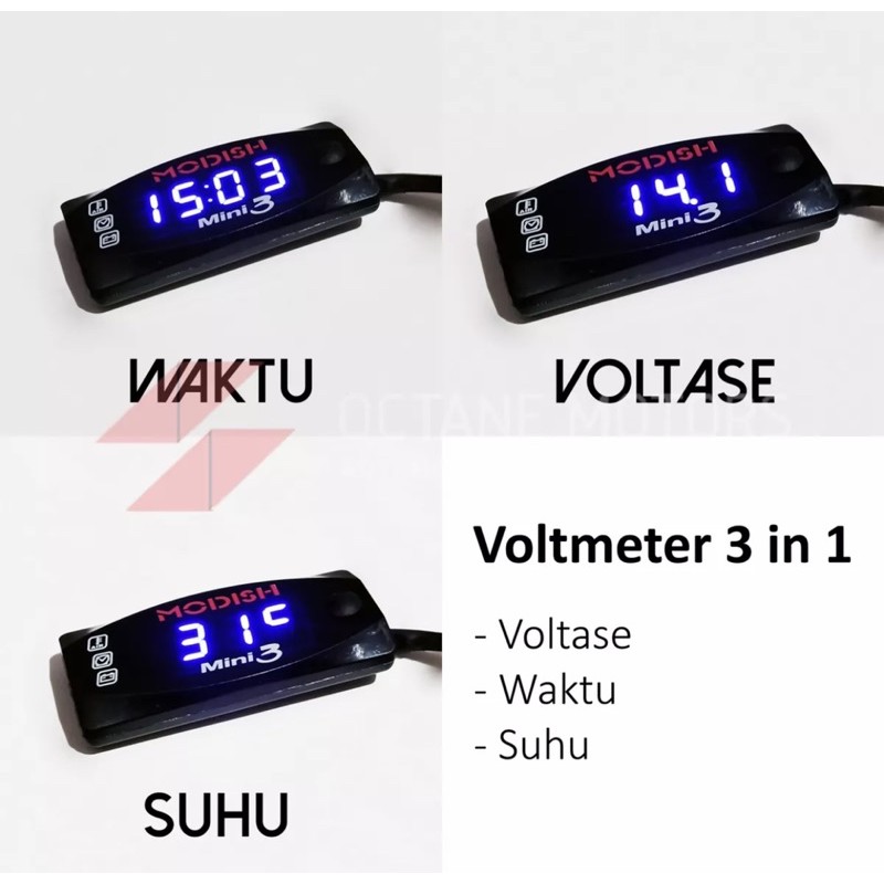 Voltmeter jam plus suhu voltmeter 3in1 voltmeter aki suhu plus jam universal