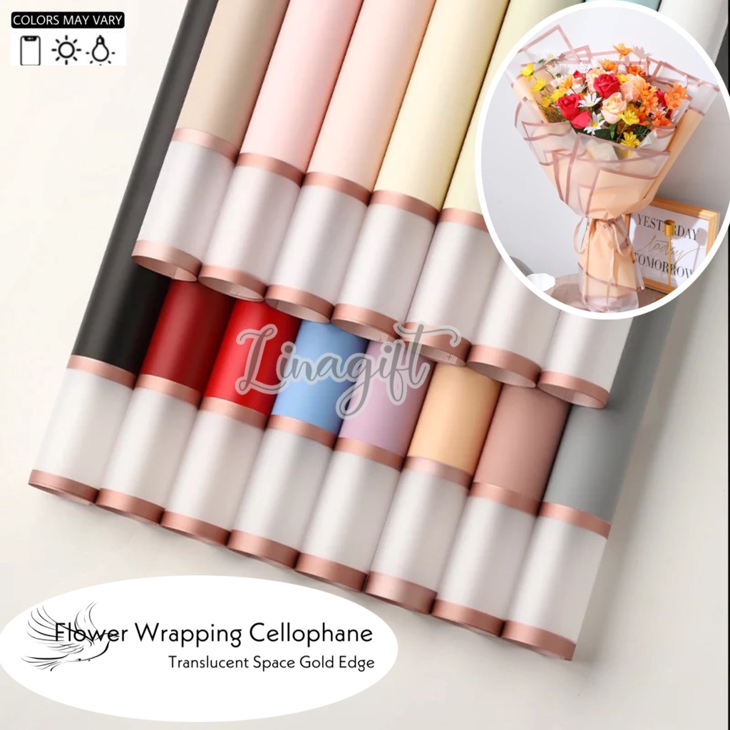 ( 5 Lembar ) TRANSLUCENT GOLD LINE - FLOWER WRAPPING PAPER PLASTIC CELLOPHANE GOLD LINE MATTE KERTAS BUNGA TRANSPARANT KERTAS BUNGA BOUQUET BUKET FLORIST