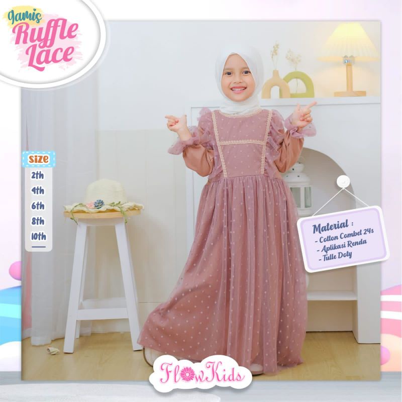terlaris gamis perempuan, gamis ruffle lace||baju gamis lebaran, gamis anak 10tahun