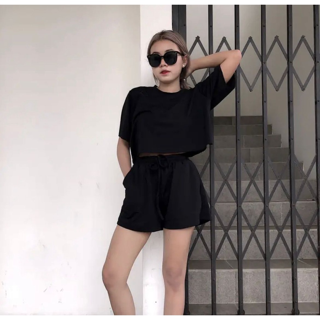 Toply shop Setelan Wanita Crop Top Set Lengan Pendek dan Celana Pendek Wanita Stelan Jumbo Wanita