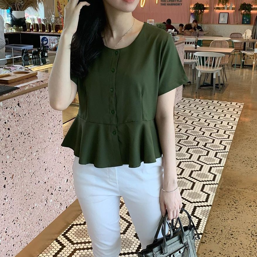 8FA - 716 SABRINA Blus Korean Pendek / Model Blouse Wanita Leher V  Moscrape 3 Warna Kekinian-Army