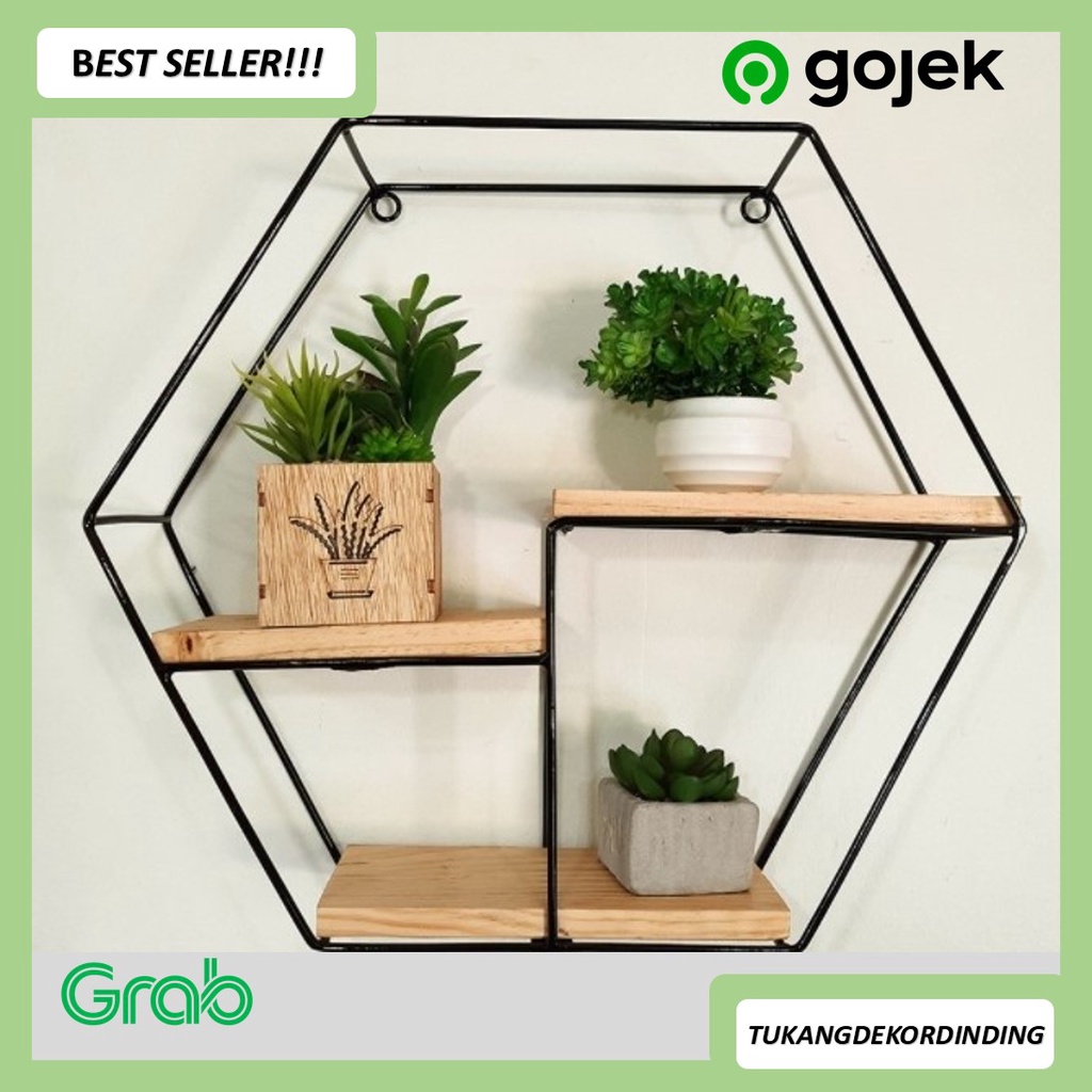 Rak Besi Dekorasi Dinding Minimalis Vintage HEXAGONAL / Dekorasi dinding hexagonal besi dan kayu