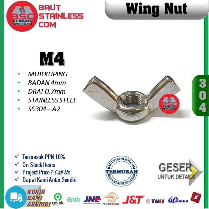 MUR KUPU KUPU M4 WING NUT STAINLESS SS304 A2 ISI 5 PCS