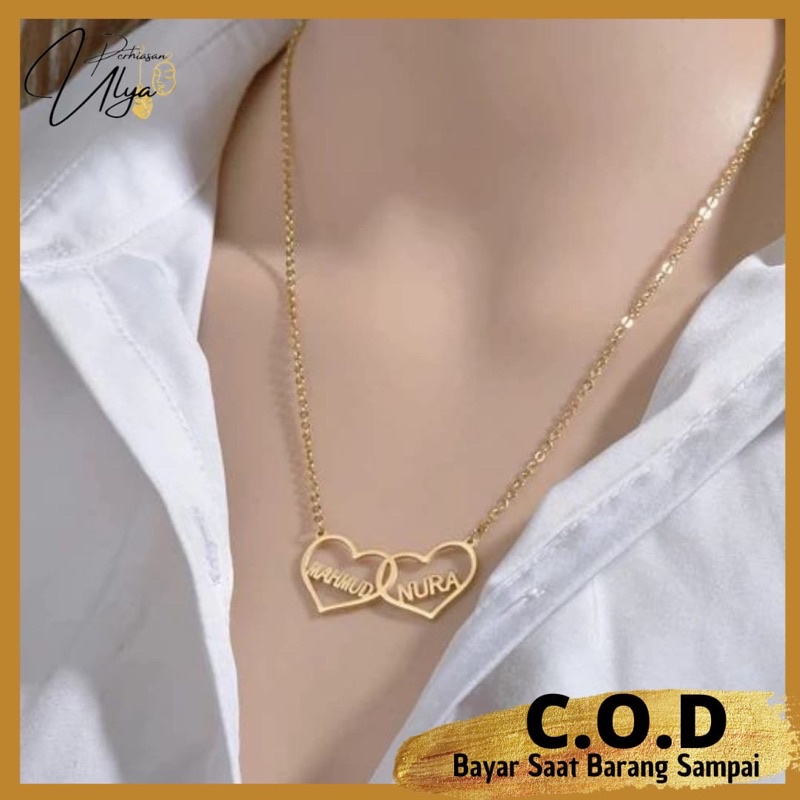 NECKLACE KALUNG TITANIUM LAPIS EMAS CUSTOM LIONTIN LOVE 2 NAMA INISIAL HURUF WANITA ANTIKARAT COUPLE
