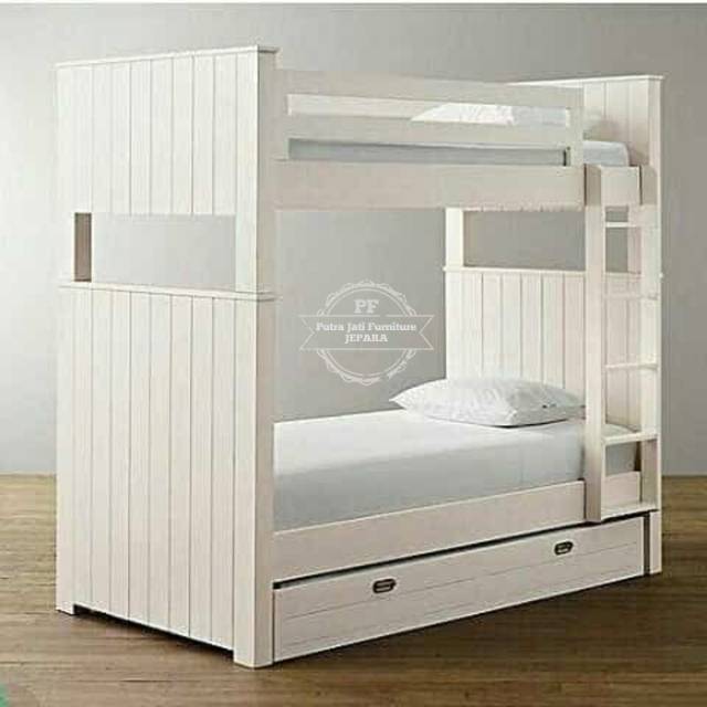 Ranjang Tingkat Kayu Jati Warna Putih Duco, Divan Tempat Tidur Untuk Anak Tingkat 3