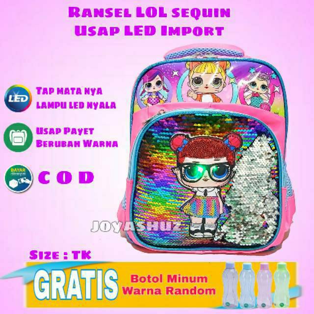 TAS ANAK PEREMPUAN KARAKTER LOL LED Usap Sequin Payet / Tas Usap Berubah Gambar / Tas Bling Bling