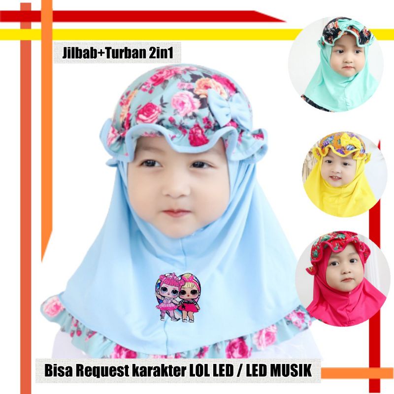 2in1 Jilbab + turban topi bayi &amp; anak led musik 0-2 tahun alisa flower