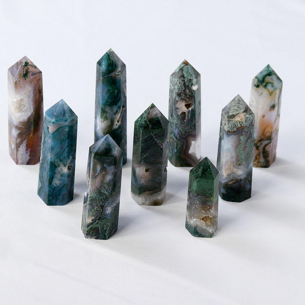 Batu Kristal Agustina Healing Obelisk Natural Green Moss Fluorite Terapi Meditasi Rohani Kerajinan Hiasan Meja Dekorasi Tongkat Penyembuhan