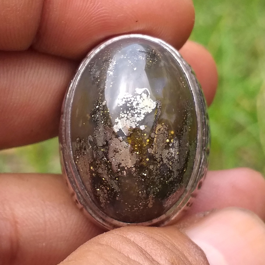 Batu Akik Unik Sigori Lafau Asli Nias Badar Perak Berkilau Dim-27 Ring Motif