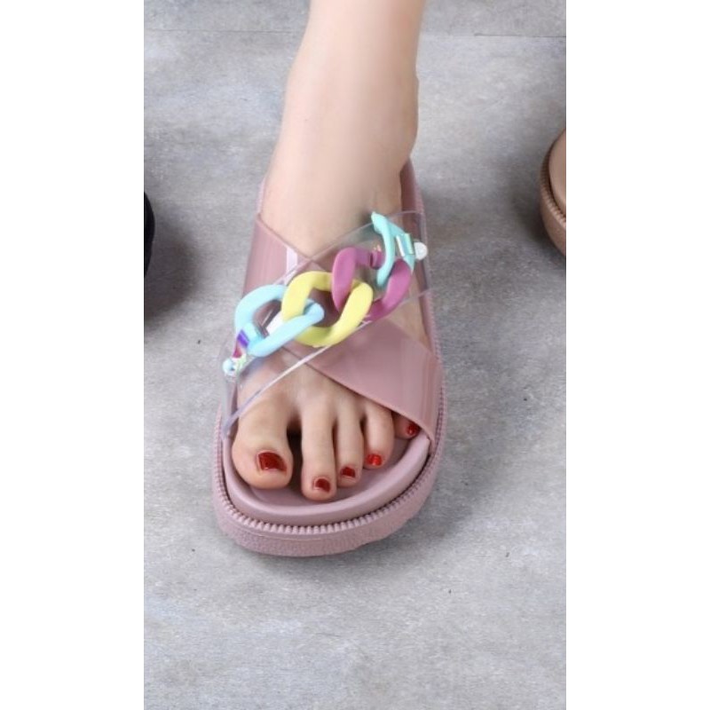 sandal wanita karet jely Balance Sandal selop silang motif rantai warna warni