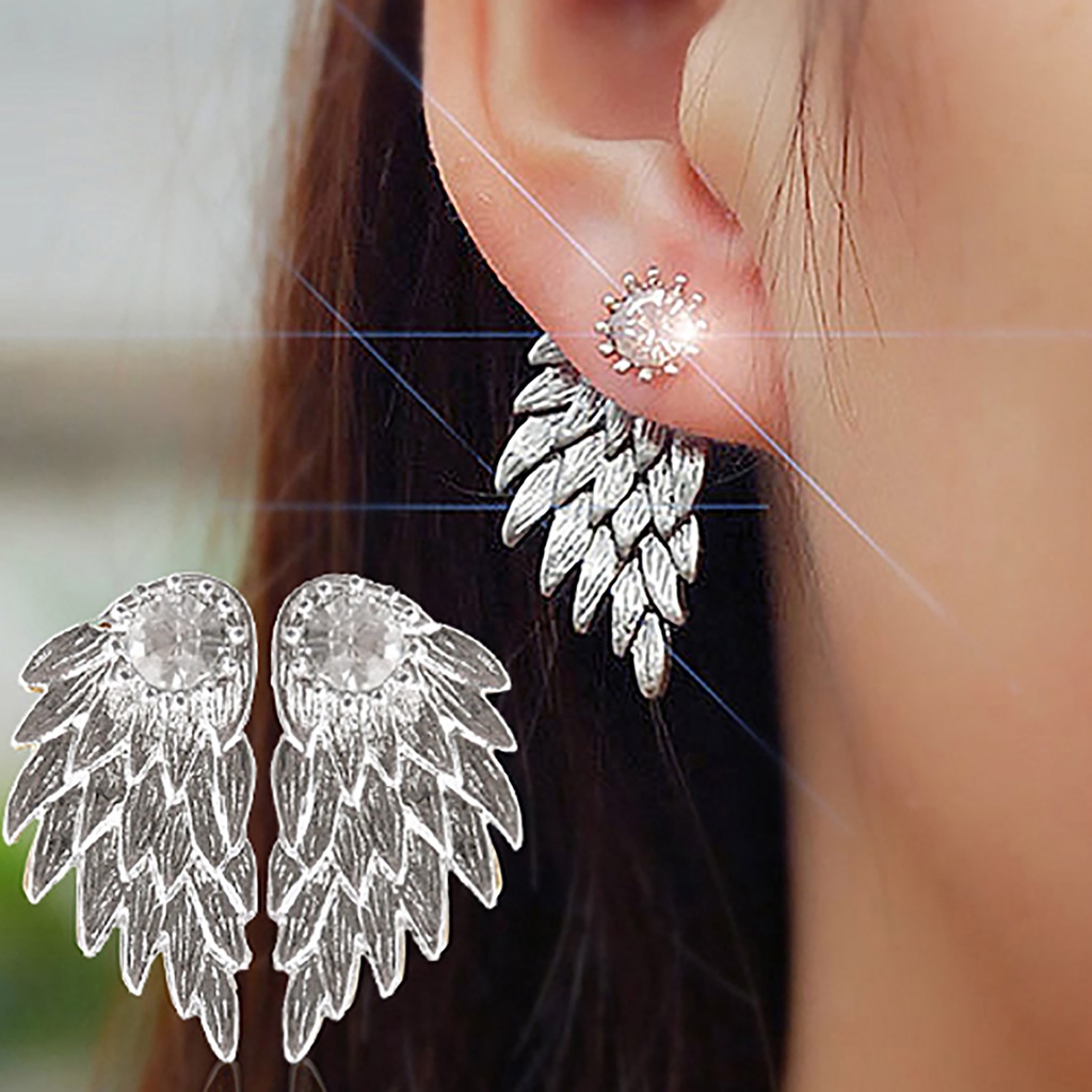 Hu Hu Hu Hu Hu Alat Bantu Pasang Kacamata♡ 1 Pasang Anting Stud Bentuk Sayap Malaikat Aksen Berlian Imitasi Bahan Alloy Untuk Wanita