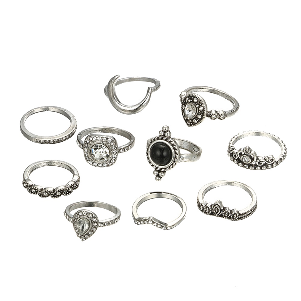 Hu Hu Hu Hu Hu Alat Bantu Pasang Kacamata♡ 10pcs Cincin Buku Jari Aneka Bentuk Warna Silver Gaya Vintage Untuk Wanita