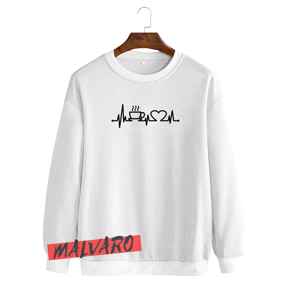 MALVARO-Sweater Crewneck / Crewneck Pria Wanita / Sweater Motif Detak Love Kopi