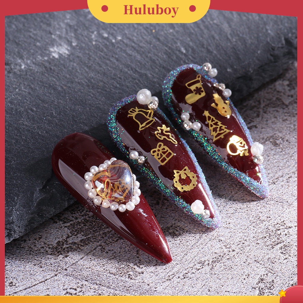 Huluboy Huluboy♡ 1 Kotak Dekorasi Nail Art Bentuk Rusa / Manusia Salju / Snowflake Bahan Metal Warna Emas