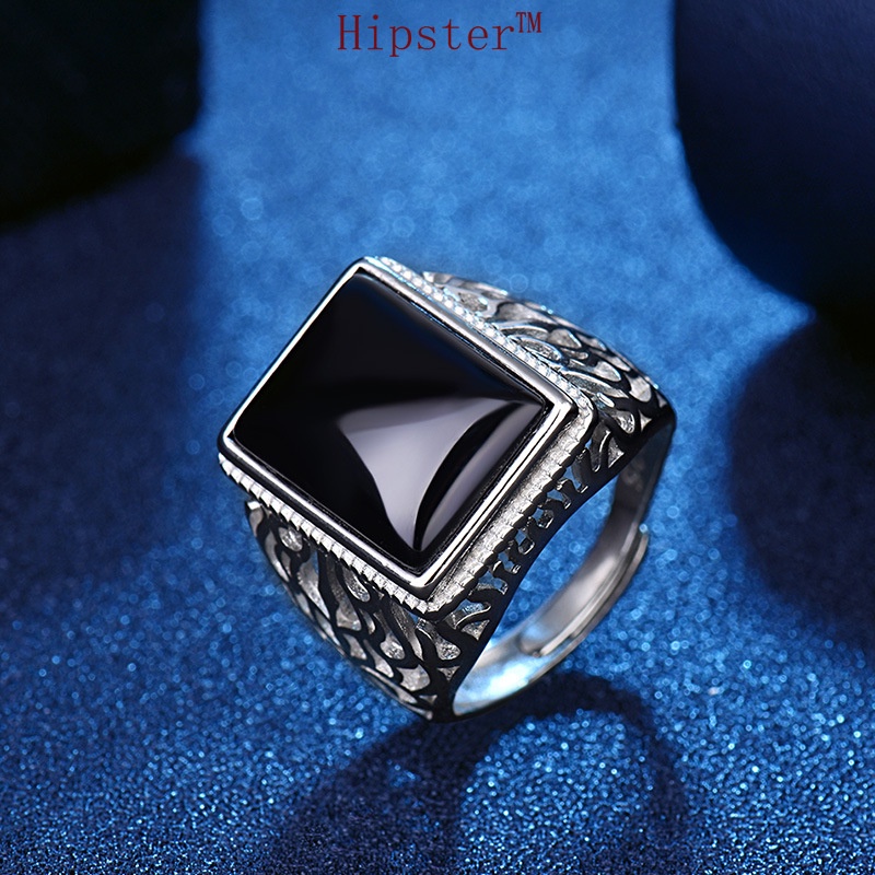 Retro Simple Stylish Domineering Inlaid Hollow Black Agate Ring