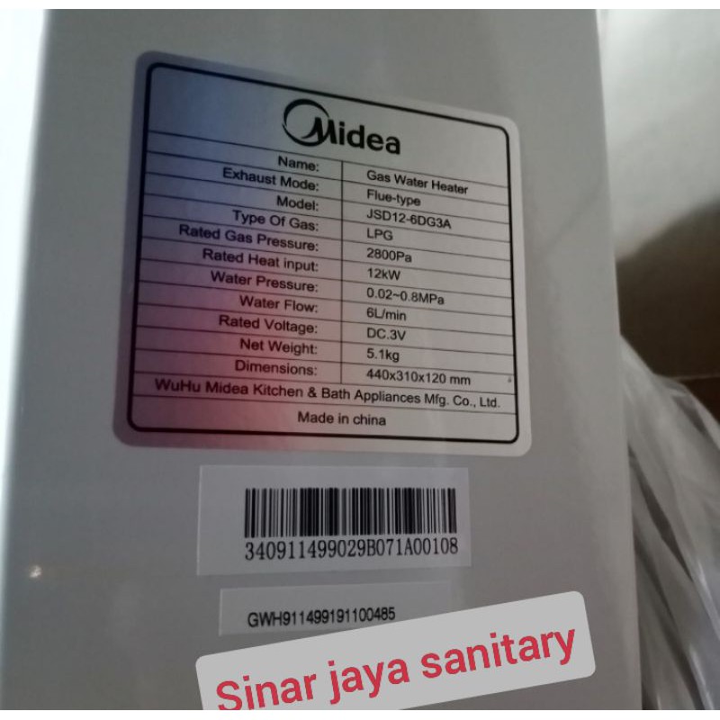 Water heater gas midea JSD12 - 6DG3A