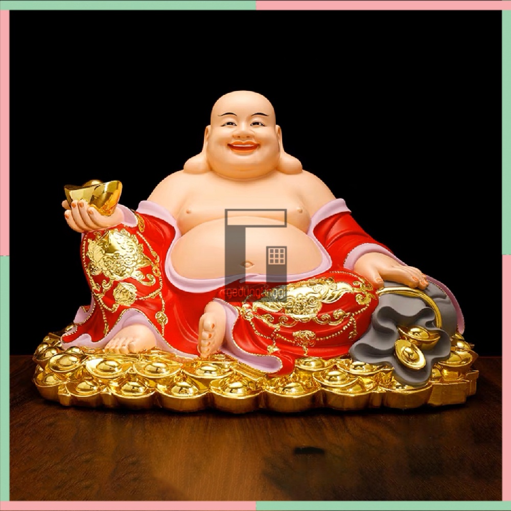 Patung Pajangan Hiasan Dekorasi Dewa Budha Buddha Julaihut Maitreya Matreiya Matreya Milefo Mi Le Fo Tertawa Hoki Rejeki Keberuntungan Yenpao Yuanbao Kantong Duit Uang Emas Meja Altar Hio Sembahyang Sembayang Hadiah Kado Imlek Sincia Cny 2023 Besar Jumbo