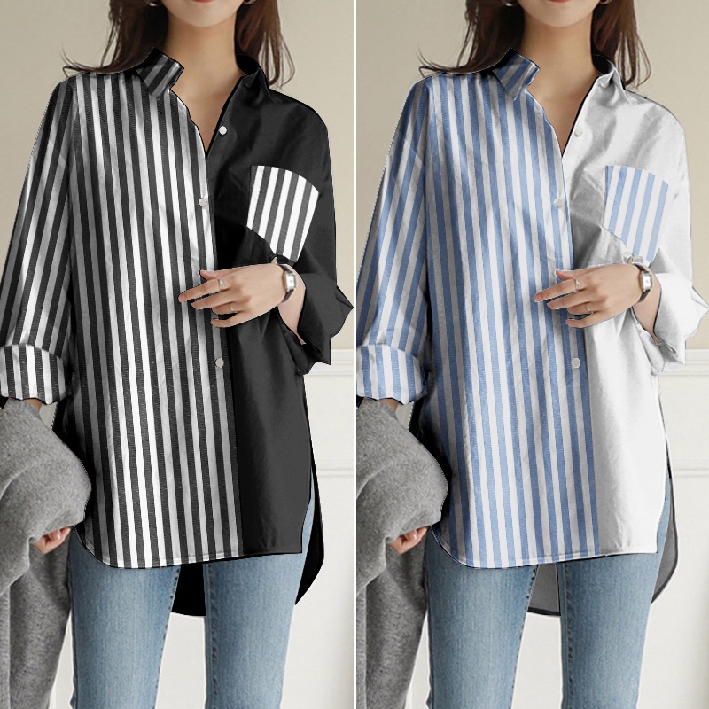 ZANZEA Women Casual Long Sleeve Lapel Loose Striped Patchwork Blouse