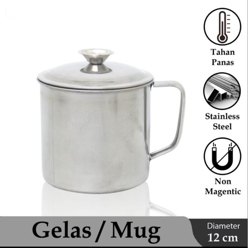 MUG STAINLESS TUTUP/MUG CANGKIR STAINLESS UKURAN 10CM &amp; 12CM