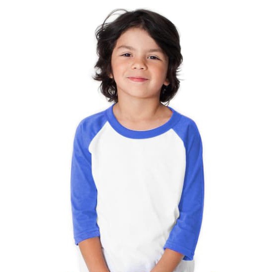 Kaos Polos Anak Raglan Putih Biru Cotton Combed 24s
