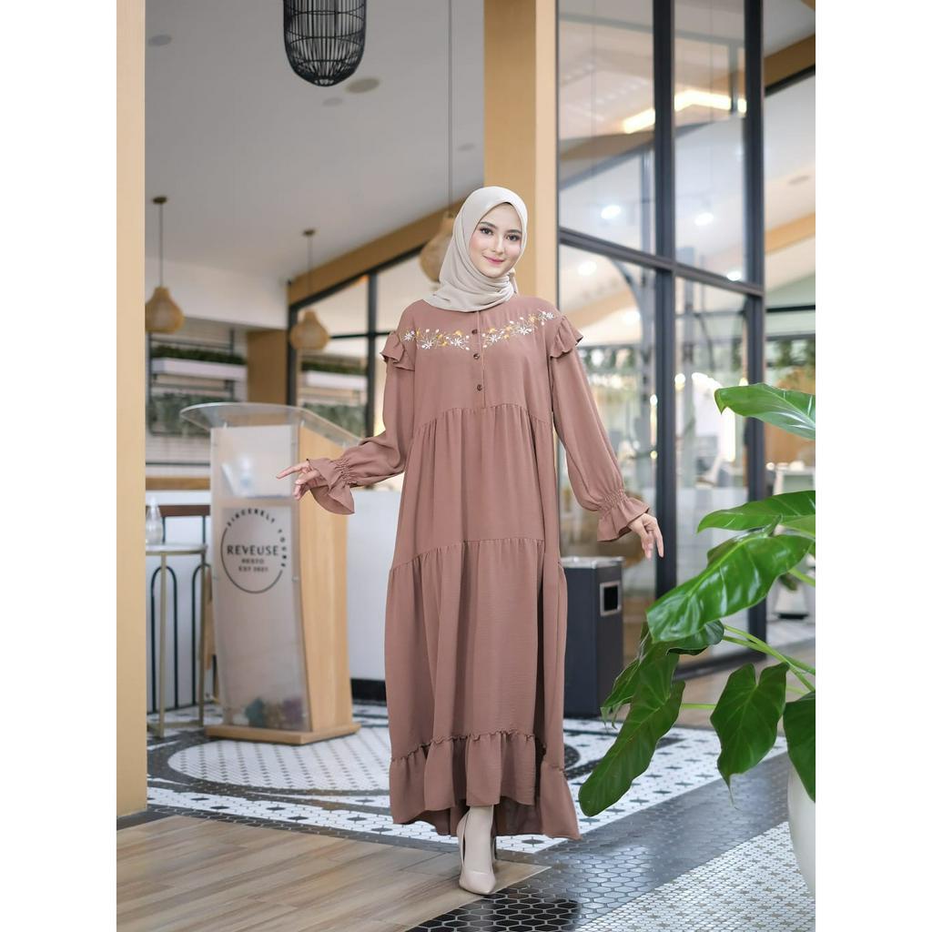 Nabila Dress Bordir - Dress Korean Style - Dress Kondangan - Dress Wanita - Gamis Crinkle Airflow Premium Semi Rempel Kancing Depan