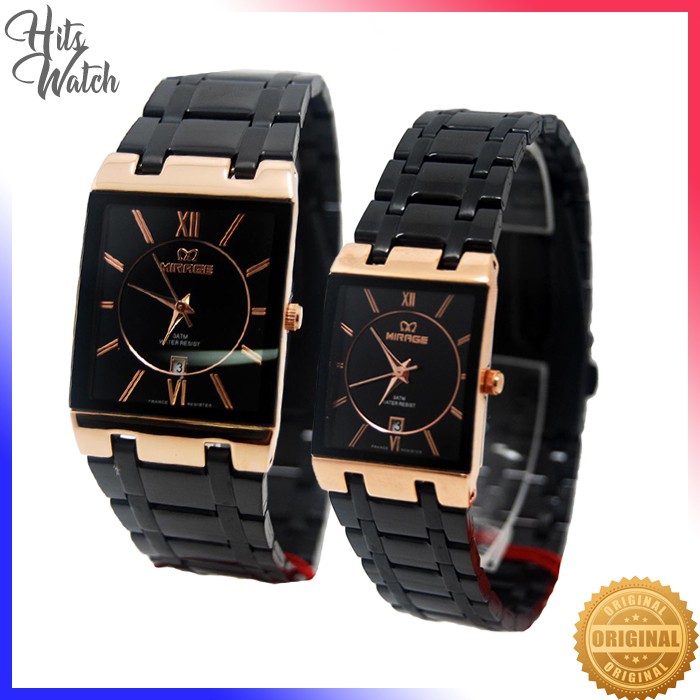 [Original] Mirage Square - Jam Tangan Pria & Wanita (Couple) Frame Kotak Hitam & Rose Gold - WMR016