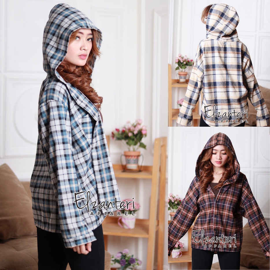 Kemeja Flanel Hoodie Wanita Elzanteri