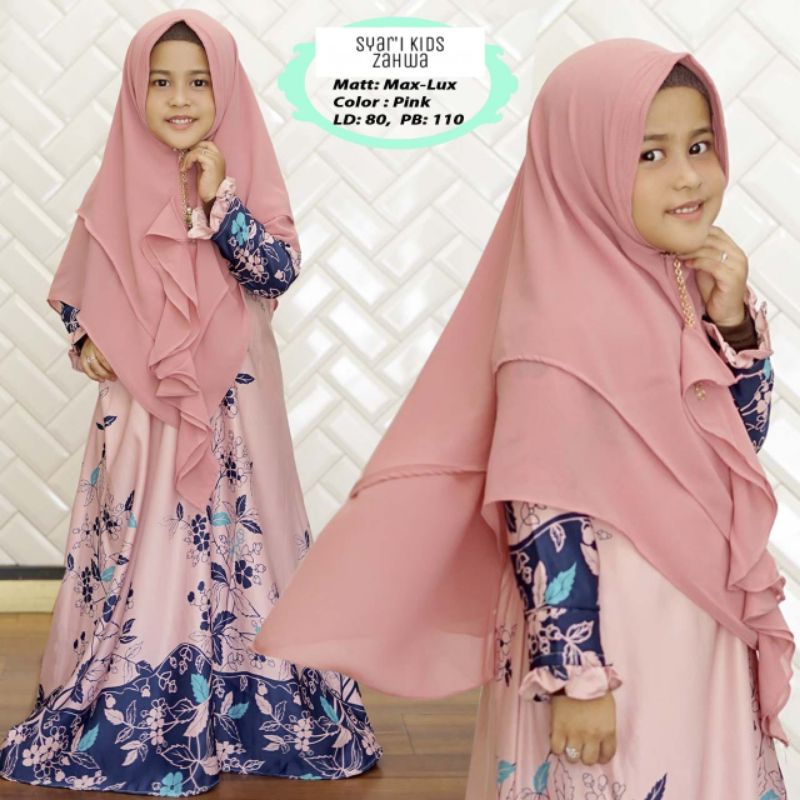 Gamis Syar'i Kids Zahwa Bahan Maxmara Lux+Khimar ceruty 2 layer / Usia 6-9 Tahun Premium Quality