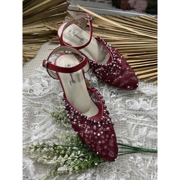 sepatu Rafaizoutfit merah marron sepatu wanita alummi payet tali tinggi 7cm tahu