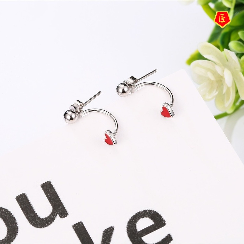 [Ready Stock]Mini Red Heart-Shaped Back-Mounted Stud Earrings Simple
