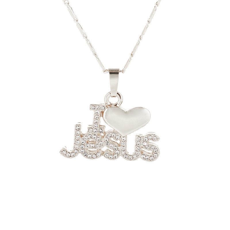 Kalung Rantai Liontin Hati + Huruf I Love Jesus Hias Zircon Untuk Wanita