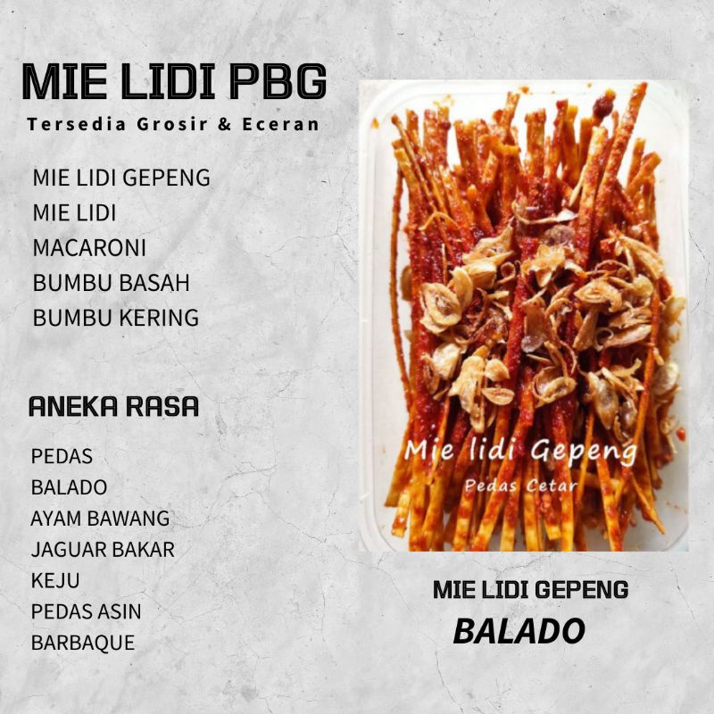 

Mie Lidi Gepeng Bumbu Basah / Kering Rasa Balado 250gr - Mi Lidi Gepeng Pedas Balado - Mi Lidi Lidian Gepeng Pedas Balado Original