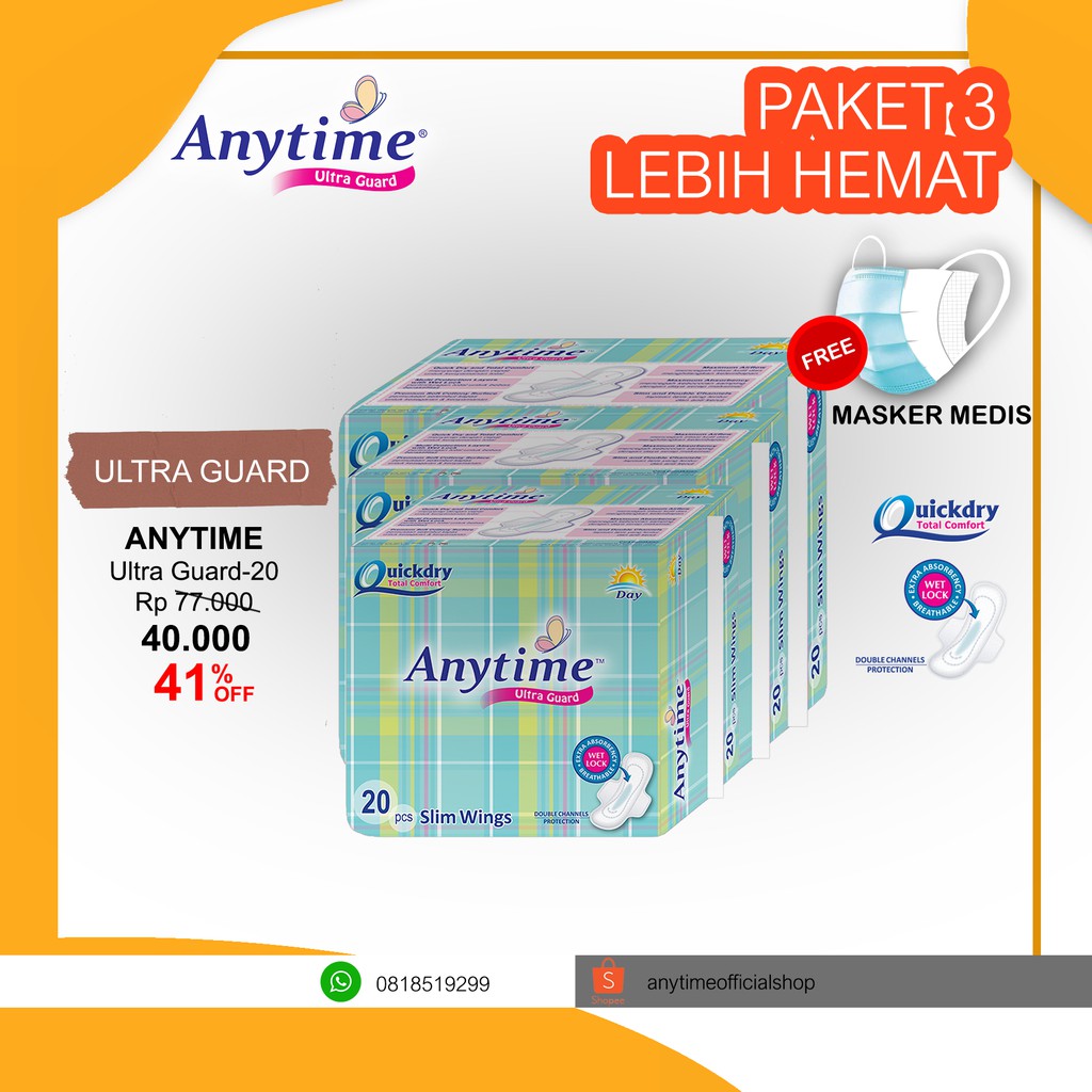 

Anytime Pembalut - Ultra Guard Day 60pc - 24cm Active Day And Relax Night - Paket 3 Bags