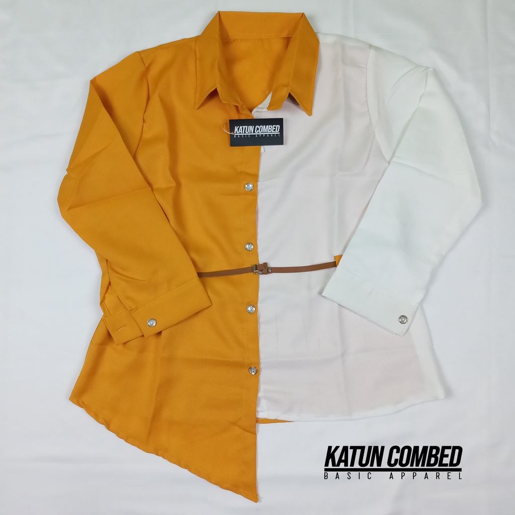 Kemeja Wanita Atasan Blouse Casual Polos Kombinasi Lengan Panjang Korean Style Model Ikat Pinggang-5