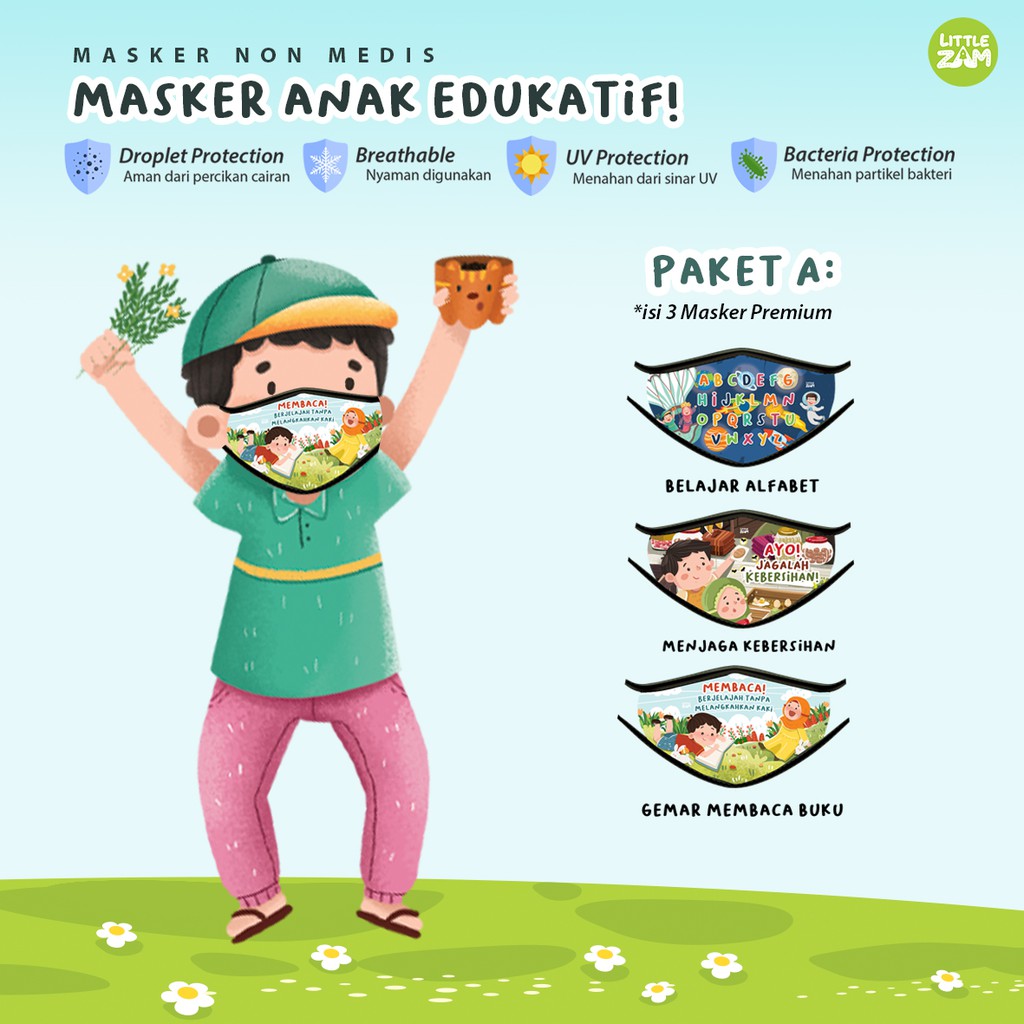 3 Pcs Masker Anak Edukasi Little Zam Non Medis Kain Waterproof