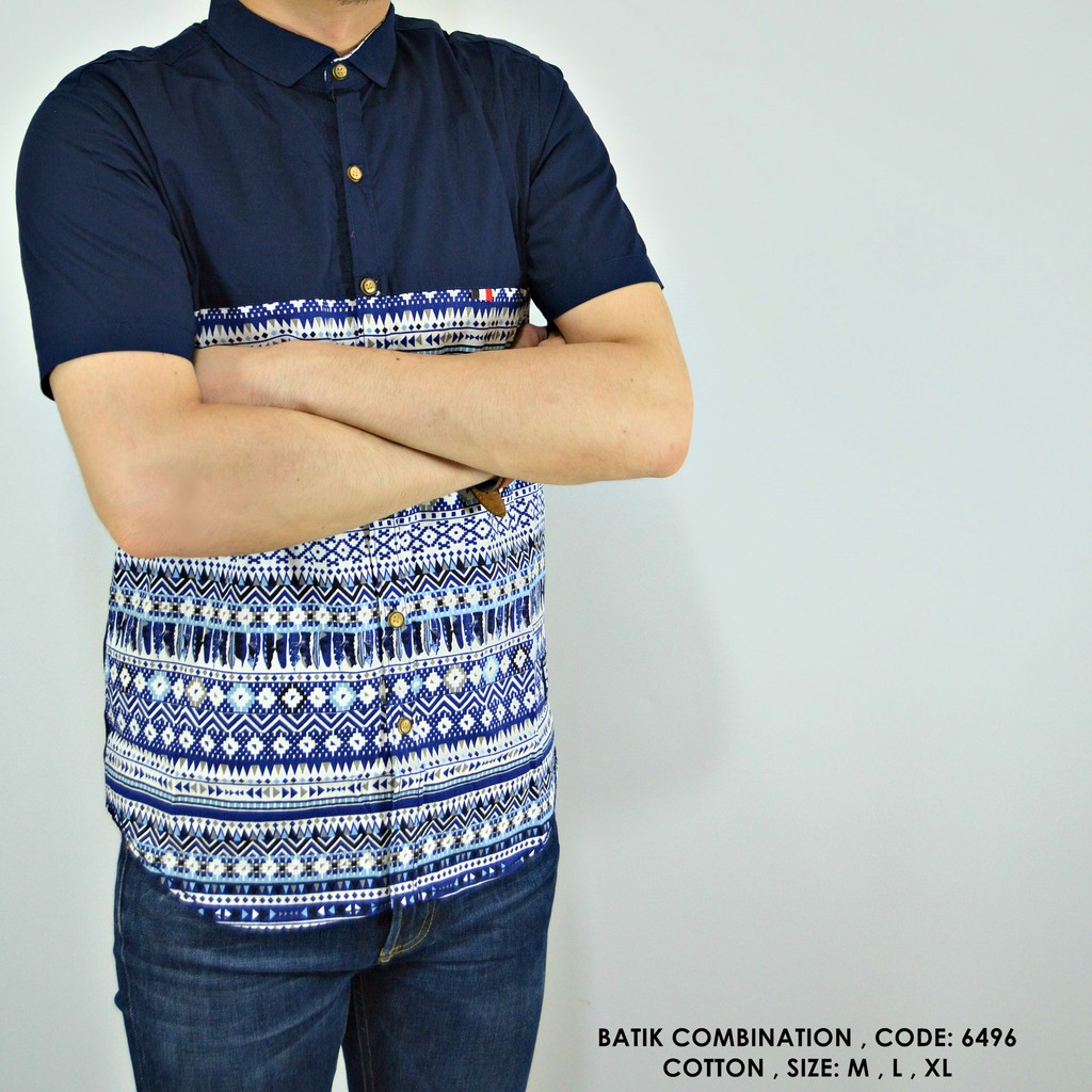 BAJU KEMEJA BATIK TRIBAL BIRU KOMBINASI POLOS COWOK PRIA