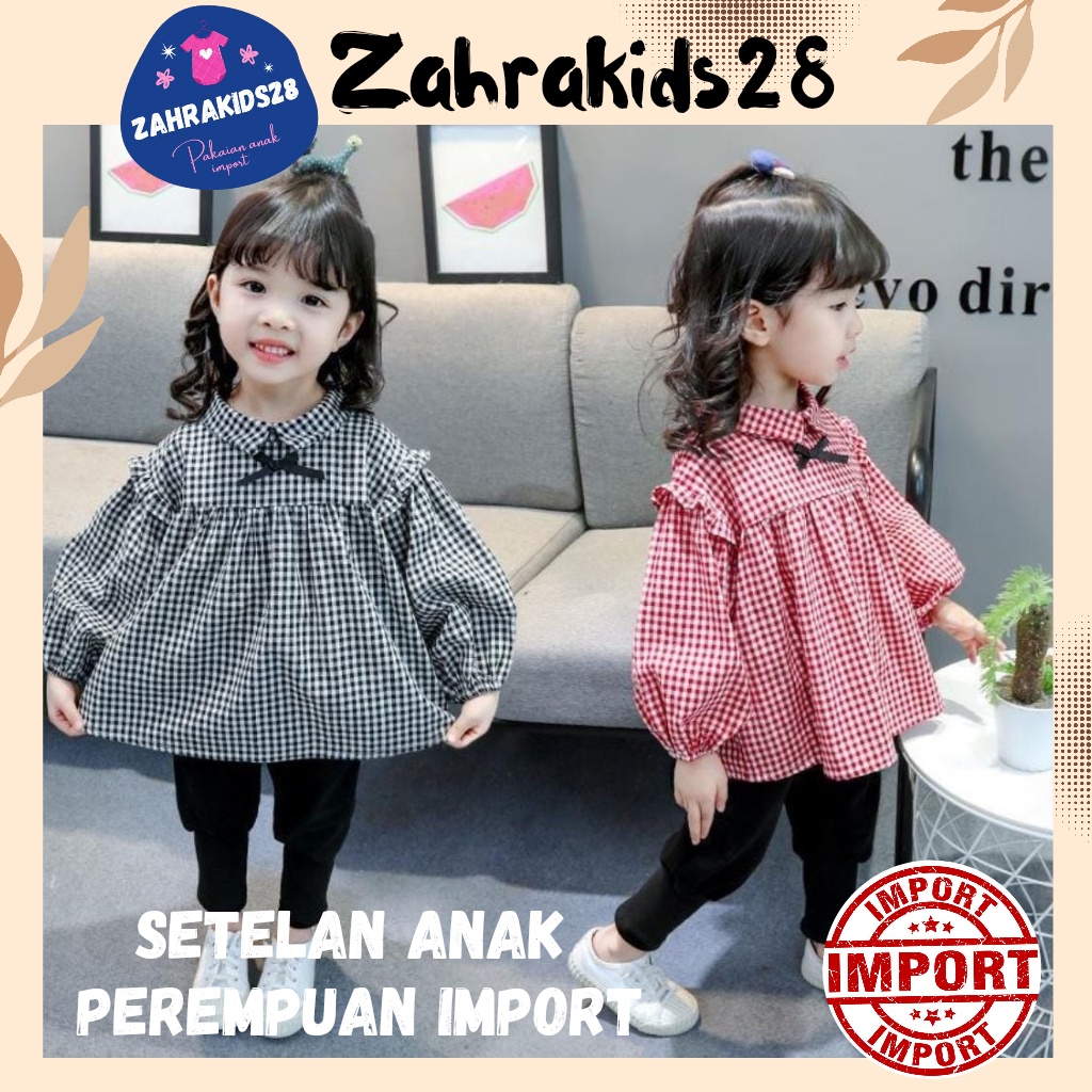 Baju Setelan Kemeja Anak Perempuan Cewek Import Kotak-kotak
