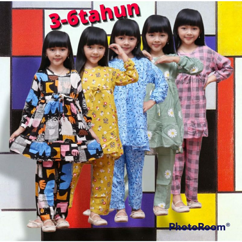 SETELAN ANAK MUSLIM 3-4th,  5-6th(SERUT) setelan anak perempuan setelan panjang cewek rayon lembut harian busana muslimah kekinian harian viral terbaru murah-Warna&moti(random)