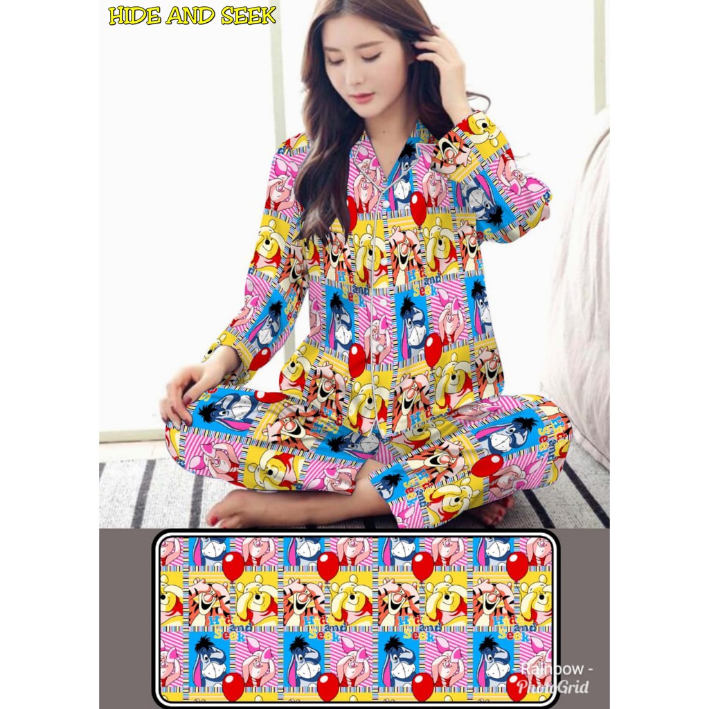 Piyama dewasa PP XL celana panjang baju panjang, katun jepang, FIT TO XL, motif BUNGA PANDA/RABBIT