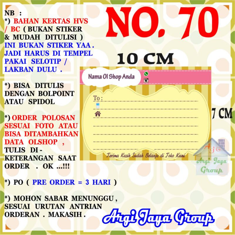 

Label Pengiriman Alamat Olshop Murah Nomer 70 - 10x7cm - Kertas BC (Manila)