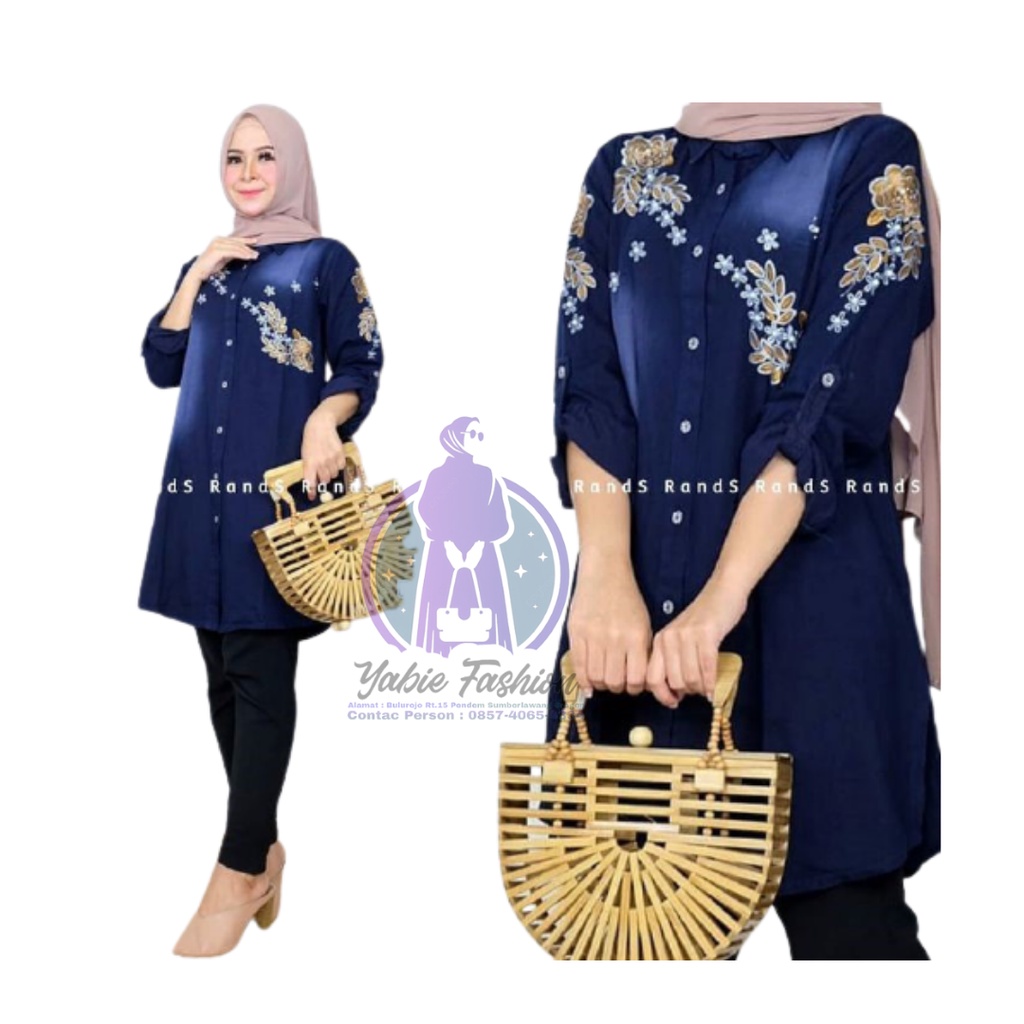 Yabiefashion Ready stok Himawari blouse navy bordir bunga lengan panjang wanita - blouse korea - baj